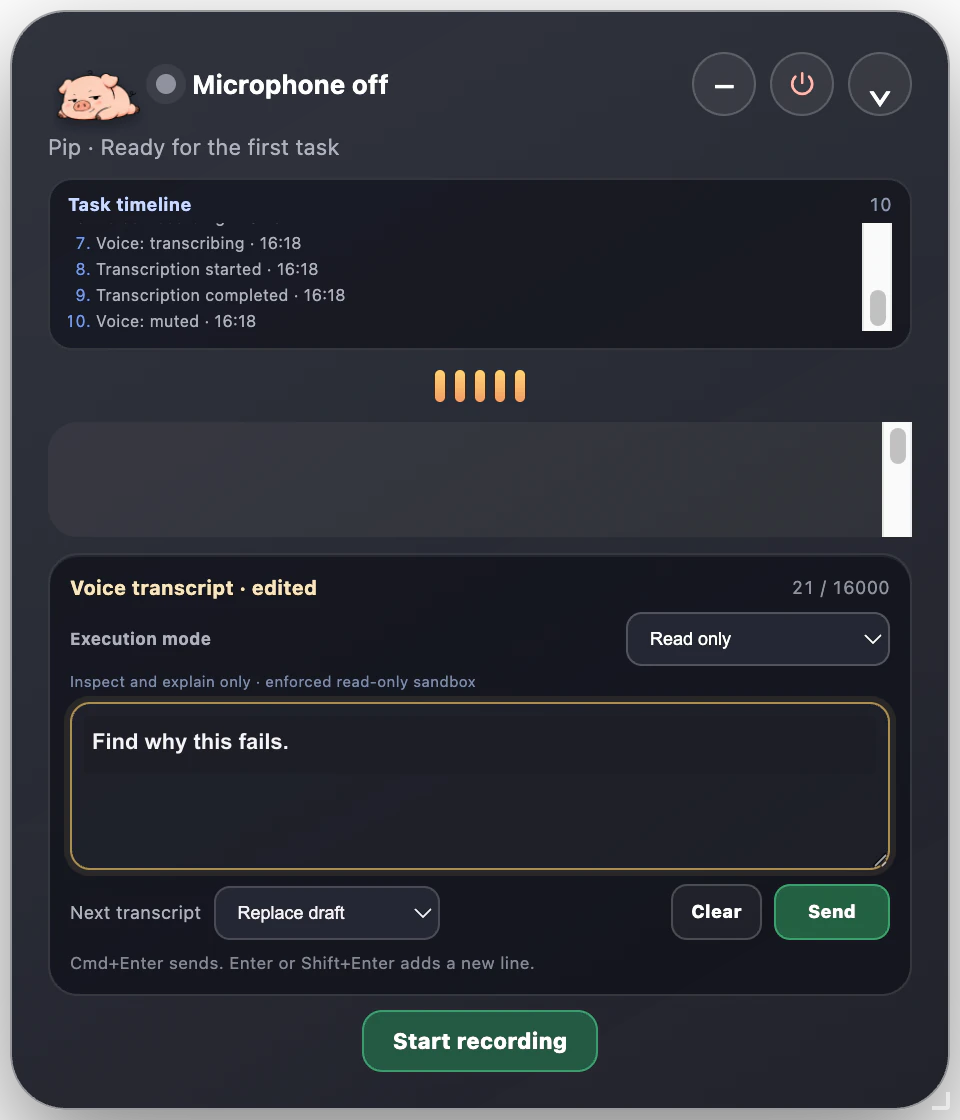 Pipipong v0.9.5 showing an editable transcript in Read only mode